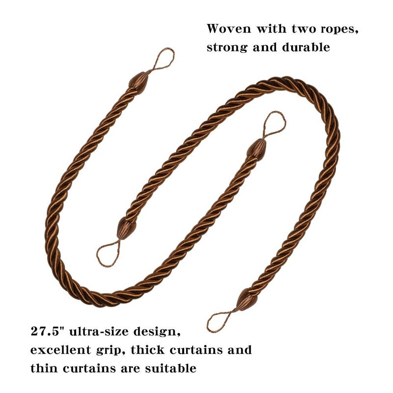 BEL AVENIR Curtain Ropes Tiebacks Tie-Backs, Curtain Handmade Holdbacks with 2 Metal Screw Hooks (Coffee, 2pack) - Image 3